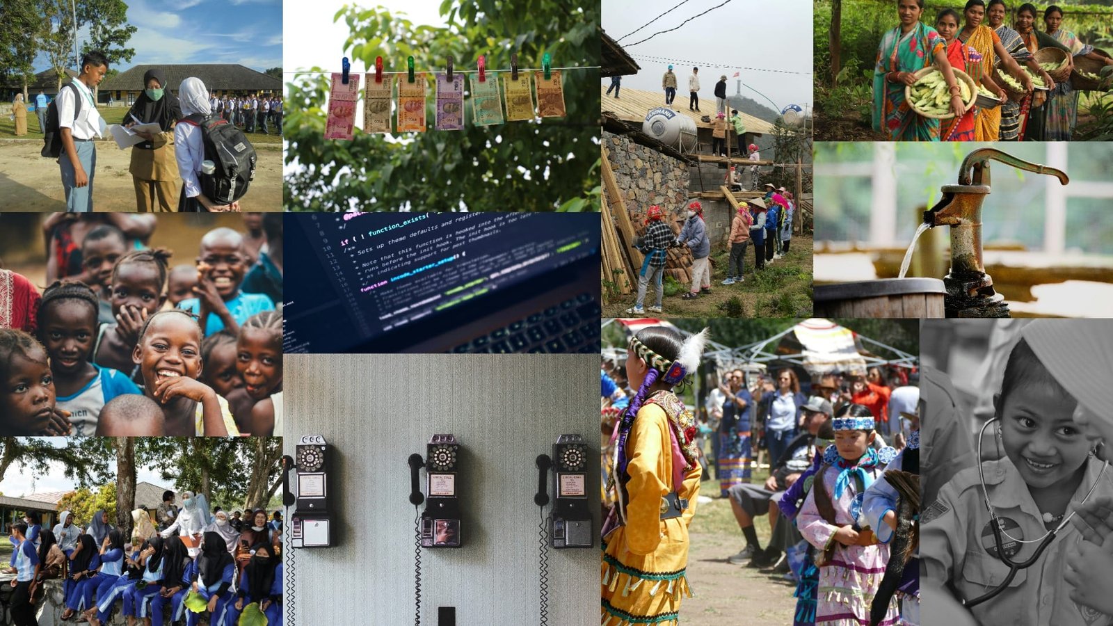 Photo collage representing categories of consulting and expertise showcased by The Good Feat, including community building, communication, humanitarian expertise, and financial management.